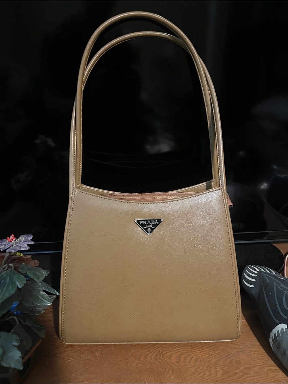 Prada Tan Leather Double-Handle Shoulder Bag